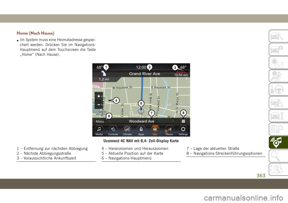 JEEP COMPASS 2019 Betriebsanleitung (in German) Home (Nach Hause)
•Im System muss eine Heimatadresse gespei-
chert werden. Drücken Sie im Navigations-
Hauptmenü auf dem Touchscreen die Taste
„Home“ (Nach Hause).
Uconnect 4C NAV mit 8,4- Zol JEEP COMPASS 2019 Betriebsanleitung (in German) Home (Nach Hause)
•Im System muss eine Heimatadresse gespei-
chert werden. Drücken Sie im Navigations-
Hauptmenü auf dem Touchscreen die Taste
„Home“ (Nach Hause).
Uconnect 4C NAV mit 8,4- Zol