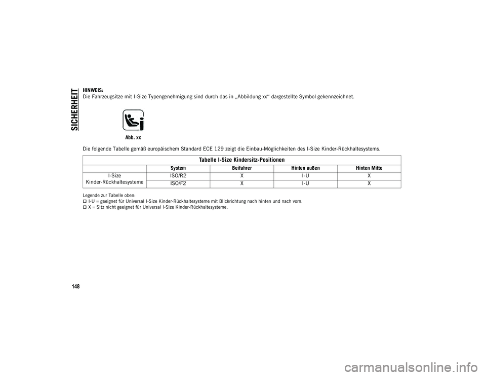 JEEP COMPASS 2020  Betriebsanleitung (in German) SICHERHEIT
148
HINWEIS:
Die Fahrzeugsitze mit I-Size Typengenehmigung sind durch das in „Abbildung xx“ dargestellte Symbol gekennzeichnet.Abb. xx
Die folgende Tabelle gemäß europäischem Standar