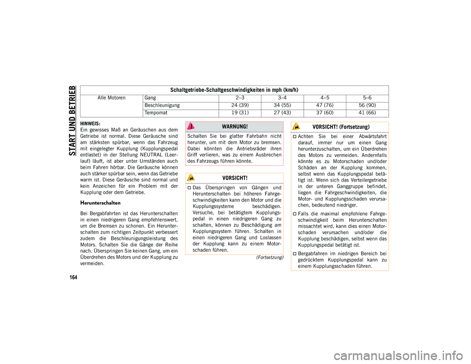 JEEP COMPASS 2020 Betriebsanleitung (in German) START UND BETRIEB
164
(Fortsetzung)
HINWEIS:
Ein gewisses Maß an Geräuschen aus dem
Getriebe ist normal. Diese Geräusche sind
am stärksten spürbar, wenn das Fahrzeug
mit eingeleg JEEP COMPASS 2020 Betriebsanleitung (in German) START UND BETRIEB
164
(Fortsetzung)
HINWEIS:
Ein gewisses Maß an Geräuschen aus dem
Getriebe ist normal. Diese Geräusche sind
am stärksten spürbar, wenn das Fahrzeug
mit eingeleg