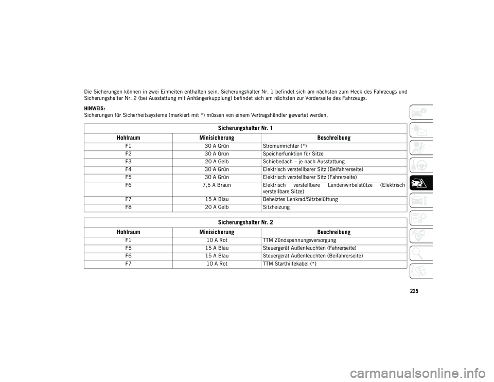 JEEP COMPASS 2020  Betriebsanleitung (in German) 225
Die Sicherungen können in zwei Einheiten enthalten sein. Sicherungshalter Nr. 1 befindet sich am nächsten zum Heck des Fahrzeugs und
Sicherungshalter Nr. 2 (bei Ausstattung mit Anhängerkupplung
