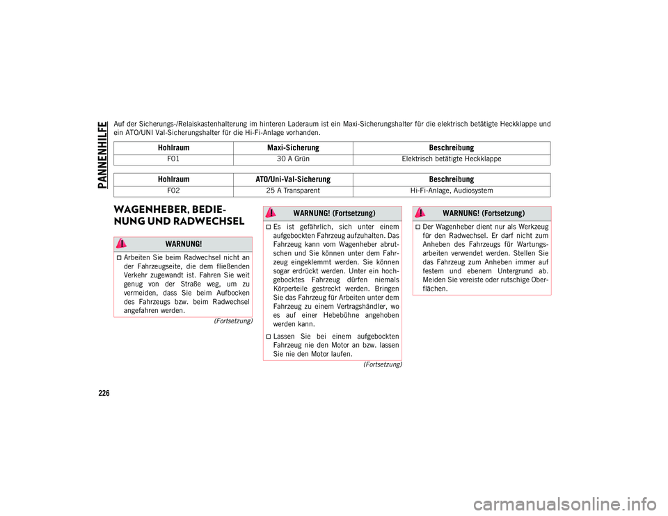 JEEP COMPASS 2020  Betriebsanleitung (in German) PANNENHILFE
226
(Fortsetzung)
(Fortsetzung)
Auf der Sicherungs-/Relaiskastenhalterung im hinteren Laderaum ist ein Maxi-Sicherungshalter für die elektrisch betätigte Heckklappe und
ein ATO/UNI Val-S