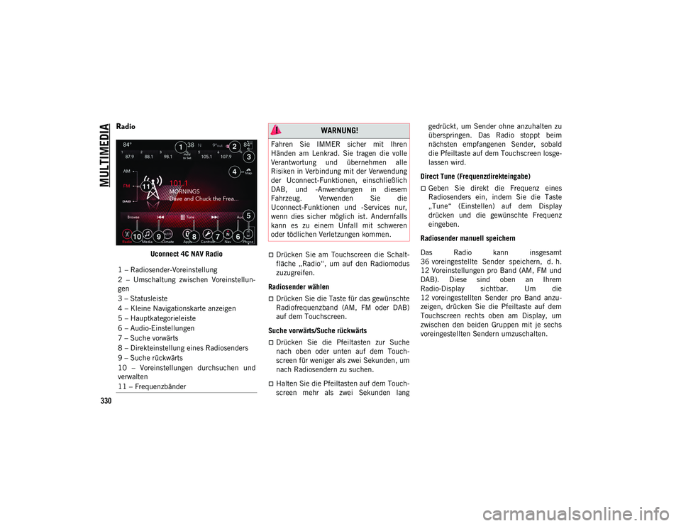 JEEP COMPASS 2020 Betriebsanleitung (in German) MULTIMEDIA
330
Radio
Uconnect 4C NAV RadioDrücken Sie am Touchscreen die Schalt-
fläche „Radio“, um auf den Radiomodus
zuzugreifen.
Radiosender wählen
Drücken Sie die Taste f JEEP COMPASS 2020 Betriebsanleitung (in German) MULTIMEDIA
330
Radio
Uconnect 4C NAV RadioDrücken Sie am Touchscreen die Schalt-
fläche „Radio“, um auf den Radiomodus
zuzugreifen.
Radiosender wählen
Drücken Sie die Taste f