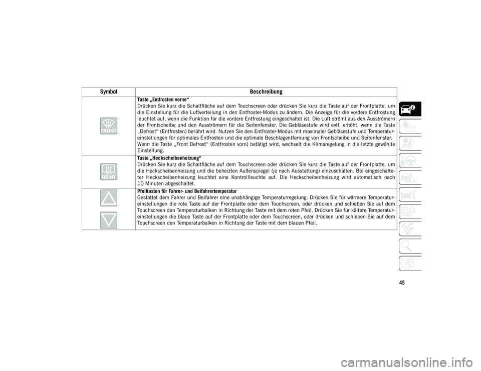 JEEP COMPASS 2020  Betriebsanleitung (in German) 45
Taste „Entfrosten vorne“
Drücken  Sie  kurz  die  Schaltfläche  auf  dem  Touchscreen  oder  drücken  Sie  kurz  die  Taste  auf  der  Frontplatte,  um
die Einstellung  für die Luftverteilu