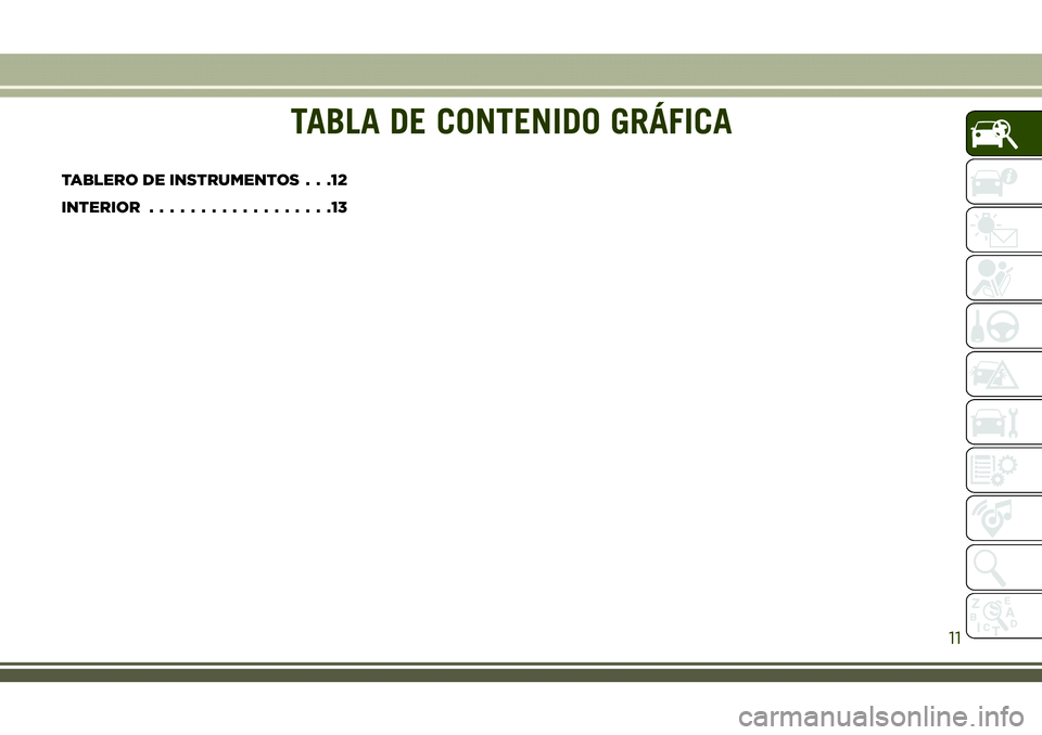 JEEP COMPASS 2018  Manual de Empleo y Cuidado (in Spanish) TABLA DE CONTENIDO GRÁFICA
TABLERO DE INSTRUMENTOS . . .12
INTERIOR..................13
TABLA DE CONTENIDO GRÁFICA
11 