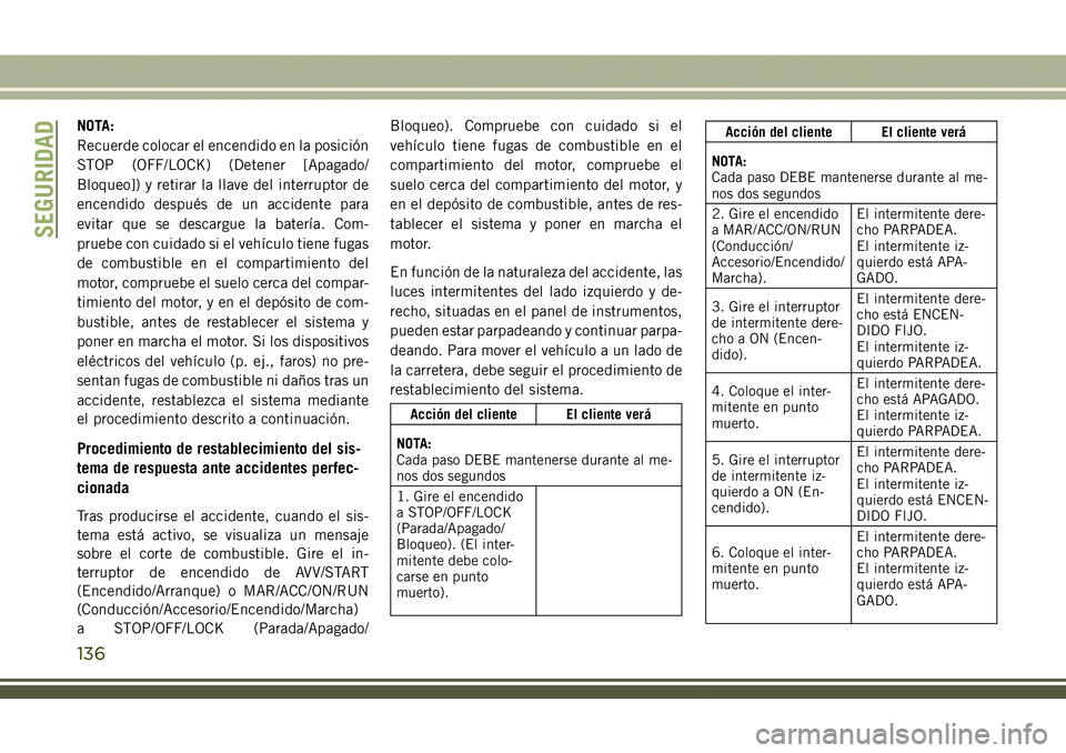 JEEP COMPASS 2018  Manual de Empleo y Cuidado (in Spanish) NOTA:
Recuerde colocar el encendido en la posición
STOP (OFF/LOCK) (Detener [Apagado/
Bloqueo]) y retirar la llave del interruptor de
encendido después de un accidente para
evitar que se descargue l