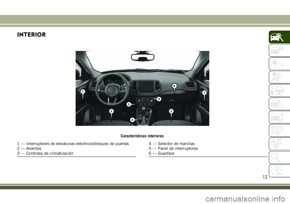JEEP COMPASS 2018 Manual de Empleo y Cuidado (in Spanish) INTERIOR
Características interiores
1 — Interruptores de elevalunas eléctricos/bloqueo de puertas
2 — Asientos
3 — Controles de climatización4 — Selector de marchas
5 — Panel de interrupt JEEP COMPASS 2018 Manual de Empleo y Cuidado (in Spanish) INTERIOR
Características interiores
1 — Interruptores de elevalunas eléctricos/bloqueo de puertas
2 — Asientos
3 — Controles de climatización4 — Selector de marchas
5 — Panel de interrupt