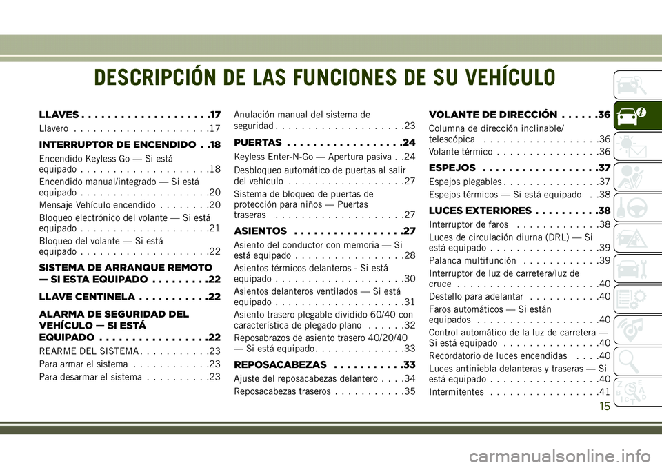 JEEP COMPASS 2018  Manual de Empleo y Cuidado (in Spanish) DESCRIPCIÓN DE LAS FUNCIONES DE SU VEHÍCULO
LLAVES....................17
Llavero.....................17
INTERRUPTOR DE ENCENDIDO . .18
Encendido Keyless Go — Si está
equipado....................1