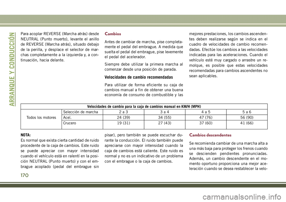JEEP COMPASS 2018 Manual de Empleo y Cuidado (in Spanish) Para acoplar REVERSE (Marcha atrás) desde
NEUTRAL (Punto muerto), levante el anillo
de REVERSE (Marcha atrás), situado debajo
de la perilla, y desplace el selector de mar-
chas completamente a la iz JEEP COMPASS 2018 Manual de Empleo y Cuidado (in Spanish) Para acoplar REVERSE (Marcha atrás) desde
NEUTRAL (Punto muerto), levante el anillo
de REVERSE (Marcha atrás), situado debajo
de la perilla, y desplace el selector de mar-
chas completamente a la iz