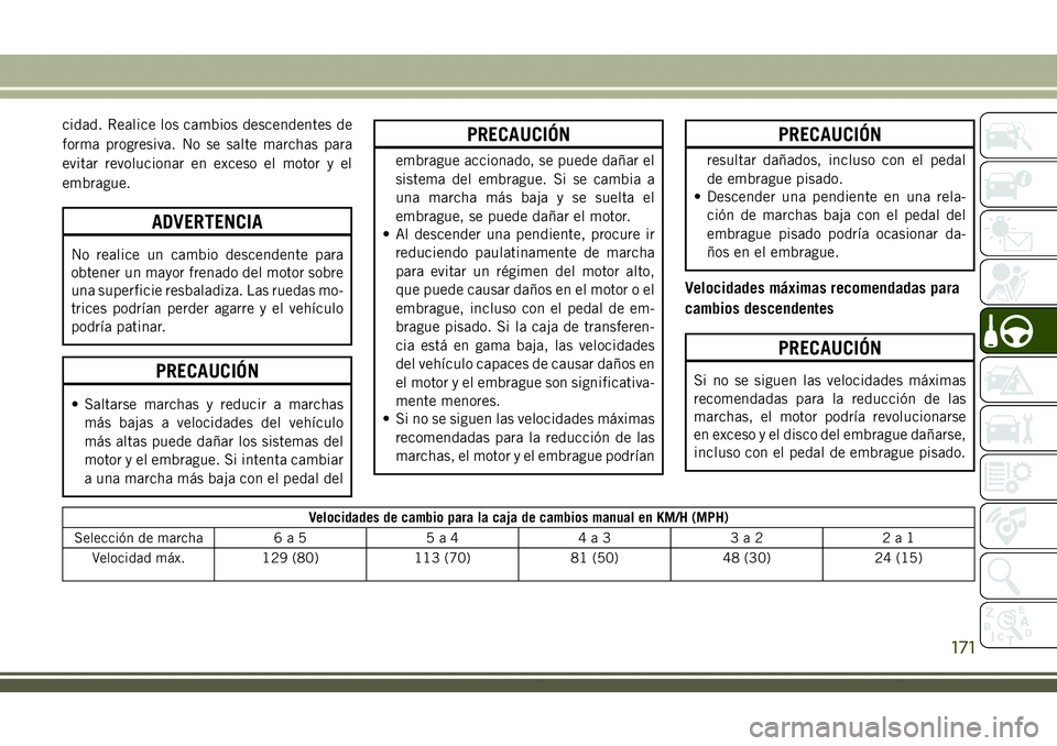 JEEP COMPASS 2018 Manual de Empleo y Cuidado (in Spanish) cidad. Realice los cambios descendentes de
forma progresiva. No se salte marchas para
evitar revolucionar en exceso el motor y el
embrague.
ADVERTENCIA
No realice un cambio descendente para
obtener un JEEP COMPASS 2018 Manual de Empleo y Cuidado (in Spanish) cidad. Realice los cambios descendentes de
forma progresiva. No se salte marchas para
evitar revolucionar en exceso el motor y el
embrague.
ADVERTENCIA
No realice un cambio descendente para
obtener un
