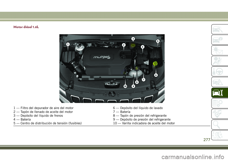 JEEP COMPASS 2018  Manual de Empleo y Cuidado (in Spanish) Motor diésel 1.6L
1 — Filtro del depurador de aire del motor 6 — Depósito del líquido de lavado
2 — Tapón de llenado de aceite del motor 7 — Batería
3 — Depósito del líquido de frenos