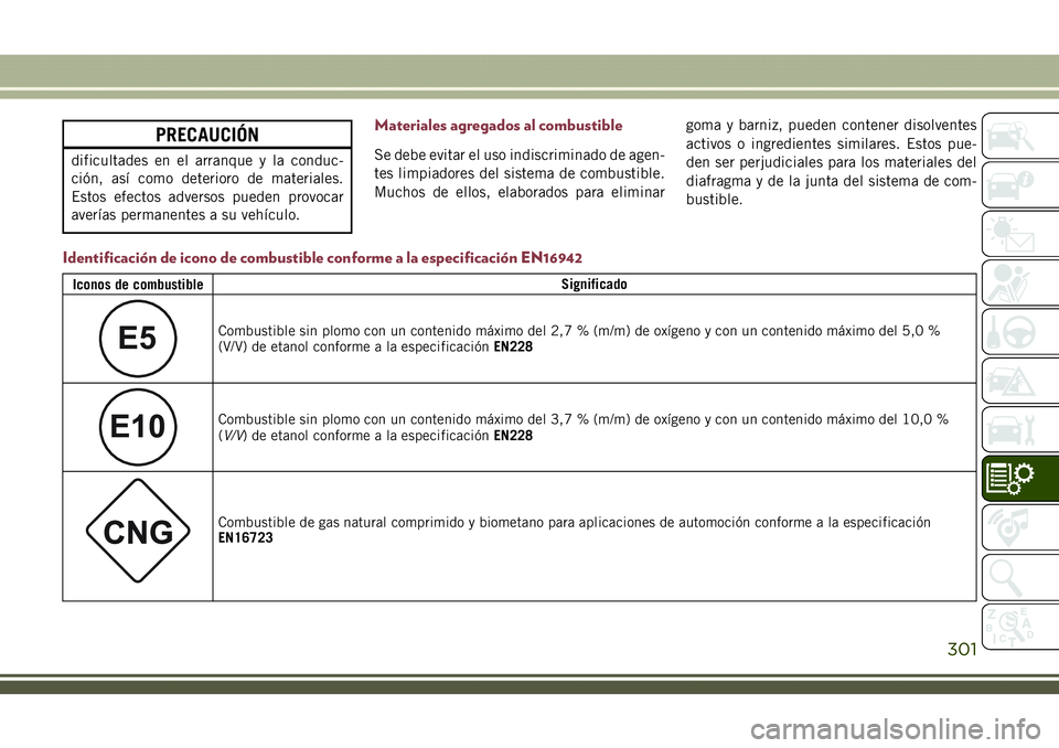 JEEP COMPASS 2018  Manual de Empleo y Cuidado (in Spanish) PRECAUCIÓN
dificultades en el arranque y la conduc-
ción, así como deterioro de materiales.
Estos efectos adversos pueden provocar
averías permanentes a su vehículo.
Materiales agregados al combu