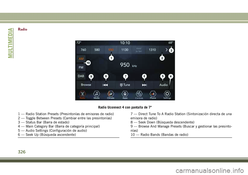 JEEP COMPASS 2018  Manual de Empleo y Cuidado (in Spanish) Radio
Radio Uconnect 4 con pantalla de 7"
1 — Radio Station Presets (Presintonías de emisoras de radio)
2 — Toggle Between Presets (Cambiar entre las presintonías)
3 — Status Bar (Barra de