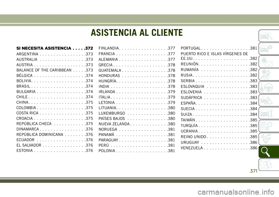 JEEP COMPASS 2018  Manual de Empleo y Cuidado (in Spanish) ASISTENCIA AL CLIENTE
SI NECESITA ASISTENCIA.....372
ARGENTINA.................373
AUSTRALIA.................373
AUSTRIA...................373
BALANCE OF THE CARIBBEAN.....373
BÉLGICA................