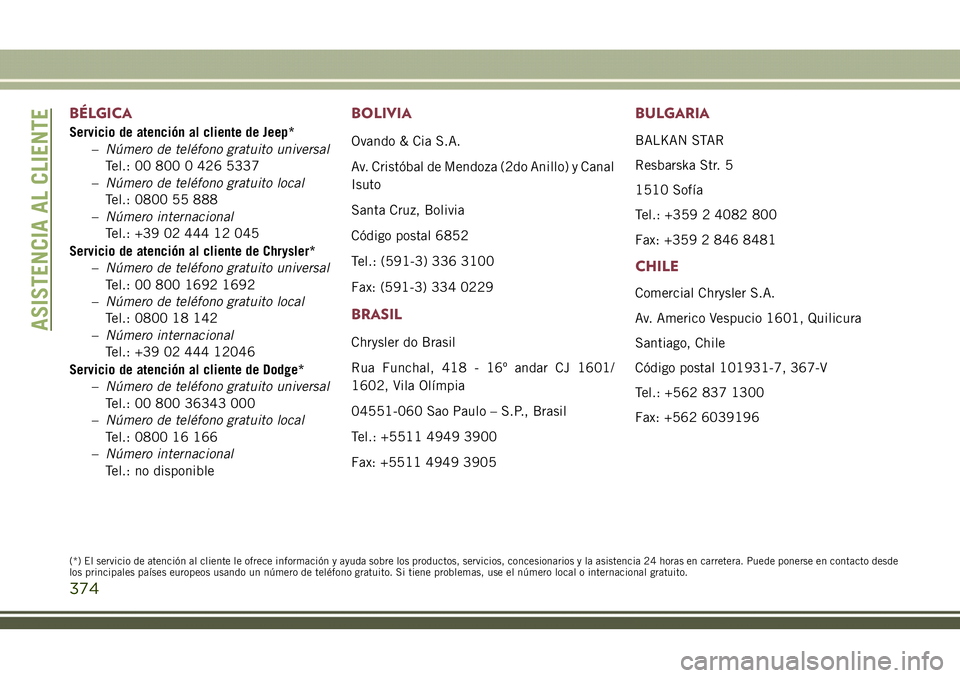 JEEP COMPASS 2018  Manual de Empleo y Cuidado (in Spanish) BÉLGICA
Servicio de atención al cliente de Jeep*
–Número de teléfono gratuito universal
Tel.: 00 800 0 426 5337
–Número de teléfono gratuito local
Tel.: 0800 55 888
–Número internacional
