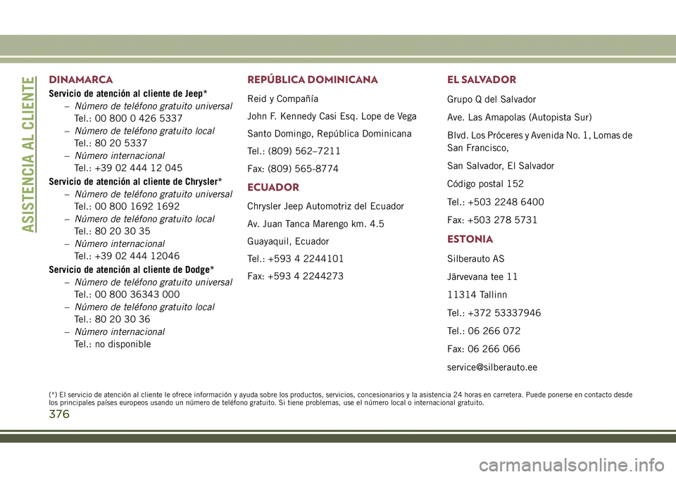 JEEP COMPASS 2018  Manual de Empleo y Cuidado (in Spanish) DINAMARCA
Servicio de atención al cliente de Jeep*
–Número de teléfono gratuito universal
Tel.: 00 800 0 426 5337
–Número de teléfono gratuito local
Tel.: 80 20 5337
–Número internacional
