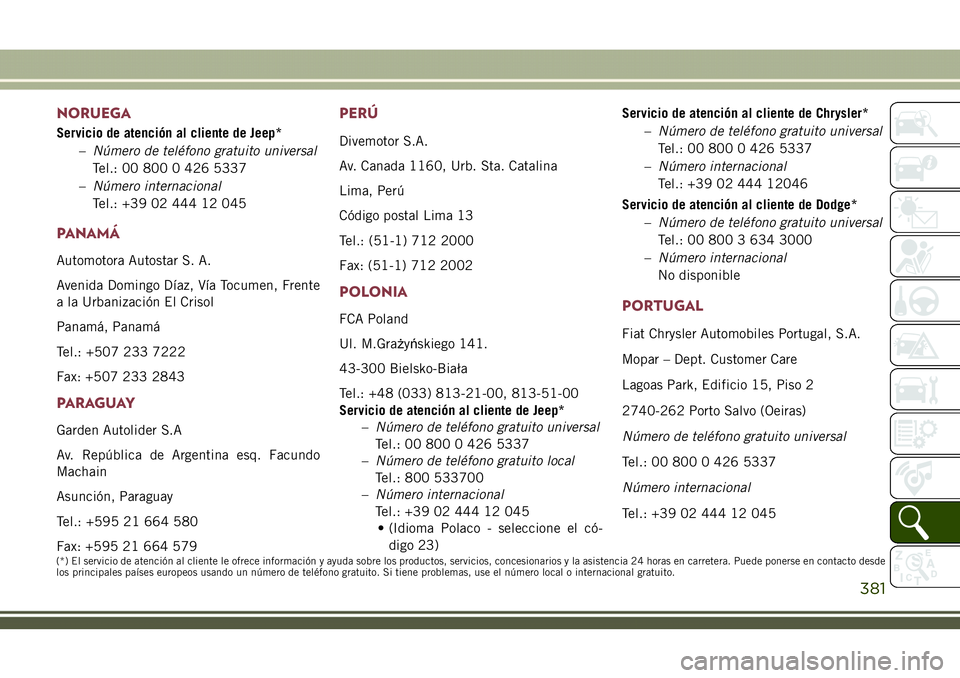 JEEP COMPASS 2018  Manual de Empleo y Cuidado (in Spanish) NORUEGA
Servicio de atención al cliente de Jeep*
–Número de teléfono gratuito universal
Tel.: 00 800 0 426 5337
–Número internacional
Tel.: +39 02 444 12 045
PANAMÁ
Automotora Autostar S. A.
