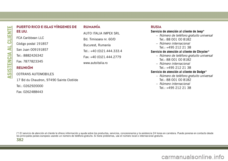 JEEP COMPASS 2018  Manual de Empleo y Cuidado (in Spanish) PUERTO RICO E ISLAS VÍRGENES DE
EE.UU.
FCA Caribbean LLC
Código postal 191857
San Juan 009191857
Tel.: 8882426342
Fax: 7877823345
REUNIÓN
COTRANS AUTOMOBILES
17 Bd du Chaudron, 97490 Sainte Clotild