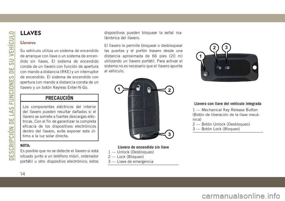 JEEP COMPASS 2019  Manual de Empleo y Cuidado (in Spanish) LLAVES
Llaveros
Su vehículo utiliza un sistema de encendido
de arranque con llave o un sistema de encen-
dido sin llaves. El sistema de encendido
consta de un llavero con función de apertura
con man