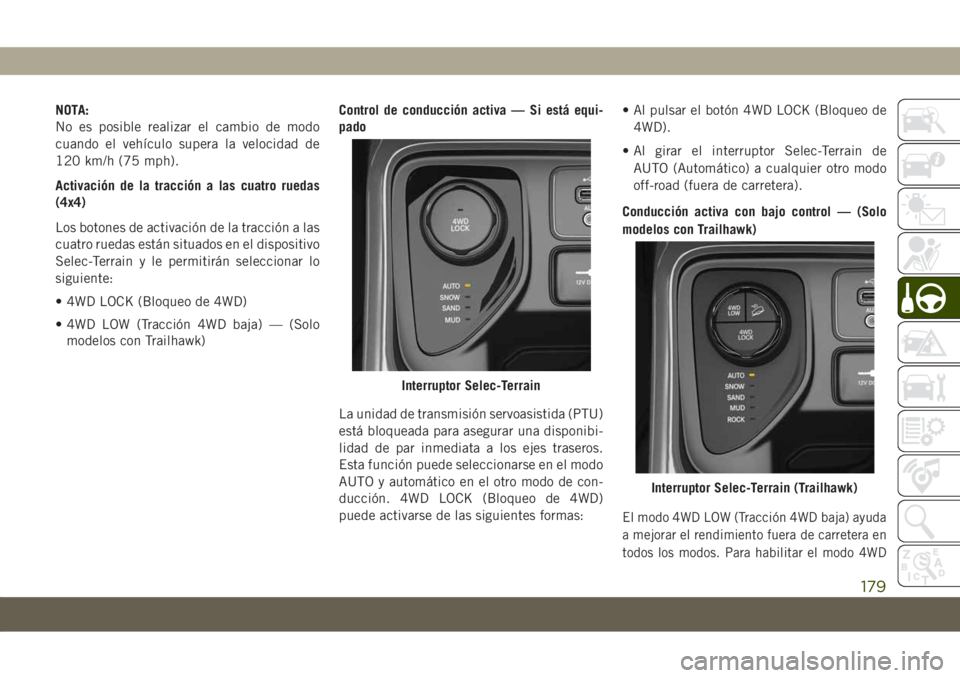 JEEP COMPASS 2019 Manual de Empleo y Cuidado (in Spanish) NOTA:
No es posible realizar el cambio de modo
cuando el vehículo supera la velocidad de
120 km/h (75 mph).
Activación de la tracción a las cuatro ruedas
(4x4)
Los botones de activación de la trac JEEP COMPASS 2019 Manual de Empleo y Cuidado (in Spanish) NOTA:
No es posible realizar el cambio de modo
cuando el vehículo supera la velocidad de
120 km/h (75 mph).
Activación de la tracción a las cuatro ruedas
(4x4)
Los botones de activación de la trac