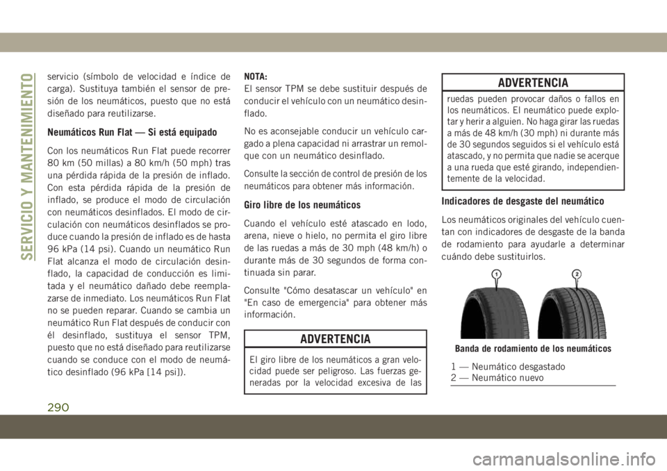 JEEP COMPASS 2019 Manual de Empleo y Cuidado (in Spanish) servicio (símbolo de velocidad e índice de
carga). Sustituya también el sensor de pre-
sión de los neumáticos, puesto que no está
diseñado para reutilizarse.
Neumáticos Run Flat — Si está e JEEP COMPASS 2019 Manual de Empleo y Cuidado (in Spanish) servicio (símbolo de velocidad e índice de
carga). Sustituya también el sensor de pre-
sión de los neumáticos, puesto que no está
diseñado para reutilizarse.
Neumáticos Run Flat — Si está e