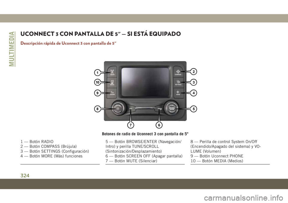 JEEP COMPASS 2019 Manual de Empleo y Cuidado (in Spanish) UCONNECT 3 CON PANTALLA DE 5" — SI ESTÁ EQUIPADO
Descripción rápida de Uconnect 3 con pantalla de 5"
Botones de radio de Uconnect 3 con pantalla de 5"
1 — Botón RADIO
2 — Botón JEEP COMPASS 2019 Manual de Empleo y Cuidado (in Spanish) UCONNECT 3 CON PANTALLA DE 5" — SI ESTÁ EQUIPADO
Descripción rápida de Uconnect 3 con pantalla de 5"
Botones de radio de Uconnect 3 con pantalla de 5"
1 — Botón RADIO
2 — Botón