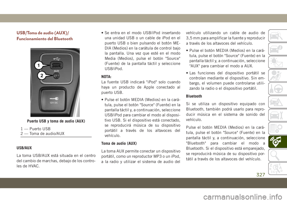 JEEP COMPASS 2019 Manual de Empleo y Cuidado (in Spanish) USB/Toma de audio (AUX)/
Funcionamiento del Bluetooth
USB/AUX
La toma USB/AUX está situada en el centro
del cambio de marchas, debajo de los contro-
les de HVAC.• Se entra en el modo USB/iPod inser JEEP COMPASS 2019 Manual de Empleo y Cuidado (in Spanish) USB/Toma de audio (AUX)/
Funcionamiento del Bluetooth
USB/AUX
La toma USB/AUX está situada en el centro
del cambio de marchas, debajo de los contro-
les de HVAC.• Se entra en el modo USB/iPod inser