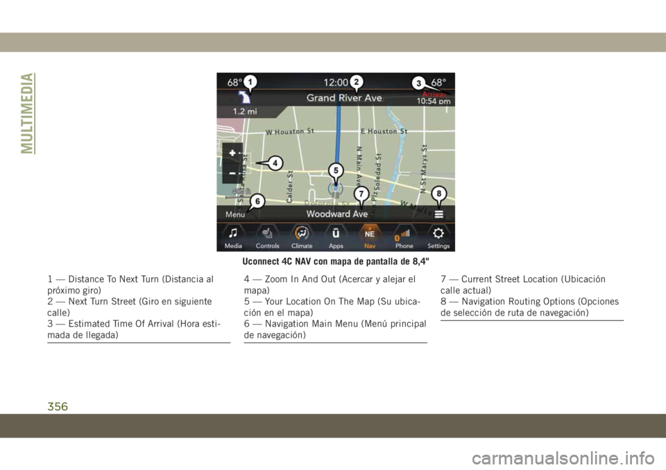 JEEP COMPASS 2019 Manual de Empleo y Cuidado (in Spanish) Uconnect 4C NAV con mapa de pantalla de 8,4"
1 — Distance To Next Turn (Distancia al
próximo giro)
2 — Next Turn Street (Giro en siguiente
calle)
3 — Estimated Time Of Arrival (Hora esti-
m JEEP COMPASS 2019 Manual de Empleo y Cuidado (in Spanish) Uconnect 4C NAV con mapa de pantalla de 8,4"
1 — Distance To Next Turn (Distancia al
próximo giro)
2 — Next Turn Street (Giro en siguiente
calle)
3 — Estimated Time Of Arrival (Hora esti-
m