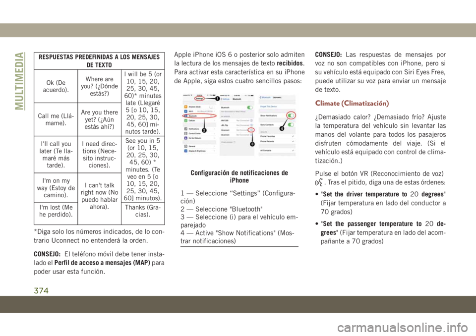 JEEP COMPASS 2019  Manual de Empleo y Cuidado (in Spanish) RESPUESTAS PREDEFINIDAS A LOS MENSAJES
DE TEXTO
Ok (De
acuerdo).Where are
you? (¿Dónde
estás?)I will be 5 (or
10, 15, 20,
25, 30, 45,
60)* minutes
late (Llegaré
5 [o 10, 15,
20, 25, 30,
45, 60] mi