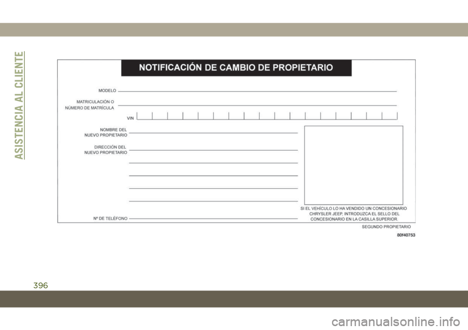 JEEP COMPASS 2019 Manual de Empleo y Cuidado (in Spanish) ASISTENCIA AL CLIENTE
396 JEEP COMPASS 2019 Manual de Empleo y Cuidado (in Spanish) ASISTENCIA AL CLIENTE
396