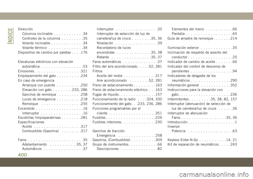 JEEP COMPASS 2019  Manual de Empleo y Cuidado (in Spanish) Dirección
Columna inclinable............34
Controles de la columna.........35
Volante inclinable.............34
Volante térmico..............34
Dispositivo de cambio por paletas. . . .176
Elevalunas