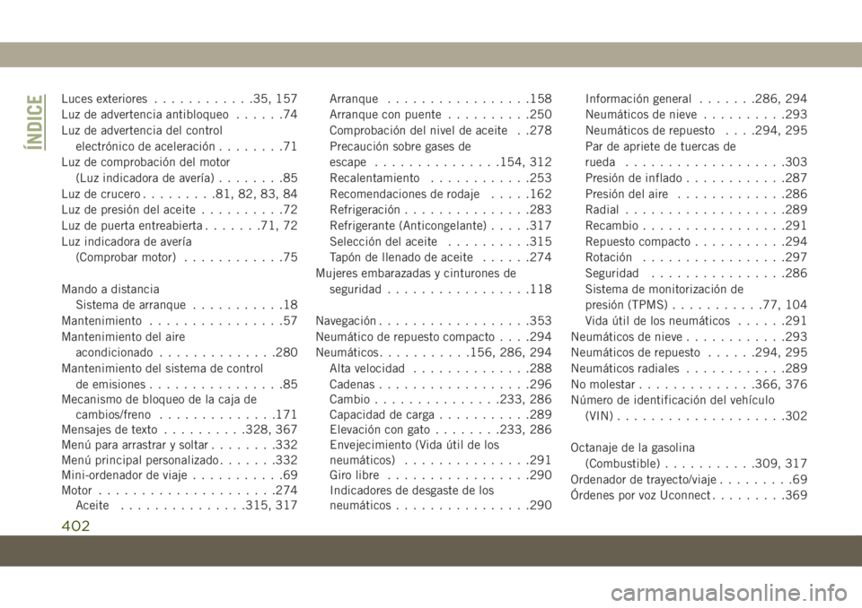 JEEP COMPASS 2019 Manual de Empleo y Cuidado (in Spanish) Luces exteriores............35, 157
Luz de advertencia antibloqueo......74
Luz de advertencia del control
electrónico de aceleración........71
Luz de comprobación del motor
(Luz indicadora de aver JEEP COMPASS 2019 Manual de Empleo y Cuidado (in Spanish) Luces exteriores............35, 157
Luz de advertencia antibloqueo......74
Luz de advertencia del control
electrónico de aceleración........71
Luz de comprobación del motor
(Luz indicadora de aver