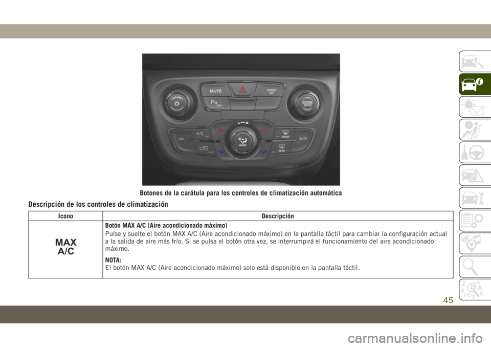 JEEP COMPASS 2019  Manual de Empleo y Cuidado (in Spanish) Descripción de los controles de climatización
Icono Descripción
Botón MAX A/C (Aire acondicionado máximo)
Pulse y suelte el botón MAX A/C (Aire acondicionado máximo) en la pantalla táctil para