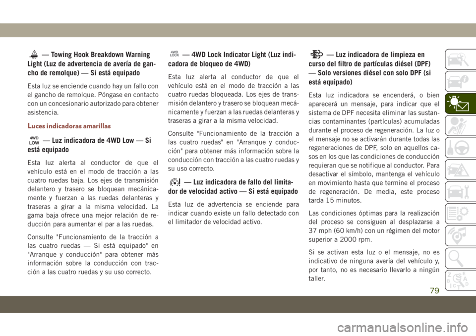 JEEP COMPASS 2019 Manual de Empleo y Cuidado (in Spanish) — Towing Hook Breakdown Warning
Light (Luz de advertencia de avería de gan-
cho de remolque) — Si está equipado
Esta luz se enciende cuando hay un fallo con
el gancho de remolque. Póngase en co JEEP COMPASS 2019 Manual de Empleo y Cuidado (in Spanish) — Towing Hook Breakdown Warning
Light (Luz de advertencia de avería de gan-
cho de remolque) — Si está equipado
Esta luz se enciende cuando hay un fallo con
el gancho de remolque. Póngase en co