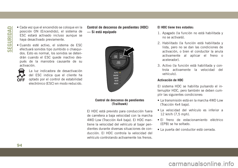 JEEP COMPASS 2019 Manual de Empleo y Cuidado (in Spanish) • Cada vez que el encendido se coloque en la
posición ON (Encendido), el sistema de
ESC estará activado incluso aunque se
haya desactivado previamente.
• Cuando esté activo, el sistema de ESC
e JEEP COMPASS 2019 Manual de Empleo y Cuidado (in Spanish) • Cada vez que el encendido se coloque en la
posición ON (Encendido), el sistema de
ESC estará activado incluso aunque se
haya desactivado previamente.
• Cuando esté activo, el sistema de ESC
e