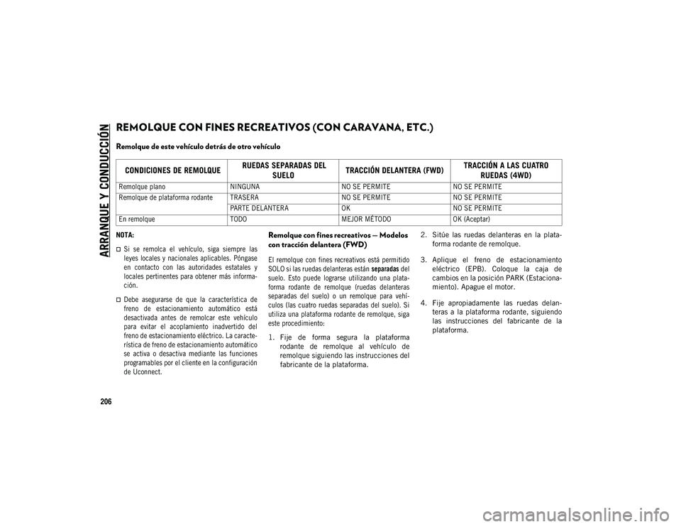 JEEP COMPASS 2020  Manual de Empleo y Cuidado (in Spanish) ARRANQUE Y CONDUCCIÓN
206
REMOLQUE CON FINES RECREATIVOS (CON CARAVANA, ETC.) 
Remolque de este vehículo detrás de otro vehículo
NOTA:

Si  se  remolca  el  vehículo,  siga  siempre  las
leyes
