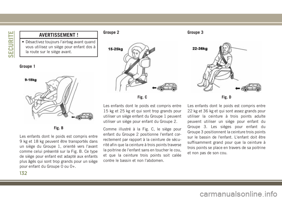 JEEP COMPASS 2018 Notice dentretien (in French) AVERTISSEMENT !
• Désactivez toujours l'airbag avant quand
vous utilisez un siège pour enfant dos Ã
la route sur le siège avant.
Groupe 1
Les enfants dont le poids est compris entre
9 kg et JEEP COMPASS 2018 Notice dentretien (in French) AVERTISSEMENT !
• Désactivez toujours l'airbag avant quand
vous utilisez un siège pour enfant dos Ã
la route sur le siège avant.
Groupe 1
Les enfants dont le poids est compris entre
9 kg et