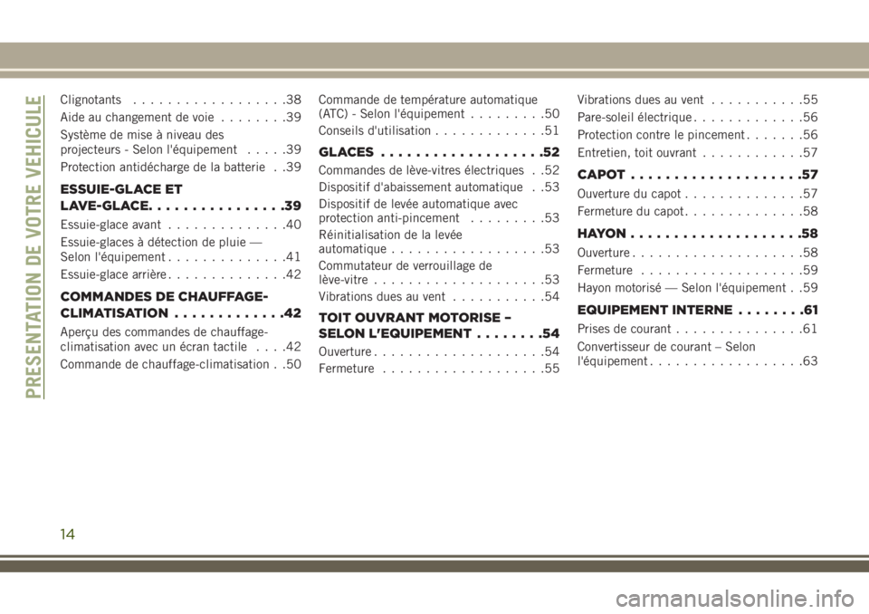 JEEP COMPASS 2018 Notice dentretien (in French) Clignotants..................38
Aide au changement de voie........39
Système de mise à niveau des
projecteurs - Selon l'équipement.....39
Protection antidécharge de la batterie . .39
ESSUIE-GL JEEP COMPASS 2018 Notice dentretien (in French) Clignotants..................38
Aide au changement de voie........39
Système de mise à niveau des
projecteurs - Selon l'équipement.....39
Protection antidécharge de la batterie . .39
ESSUIE-GL