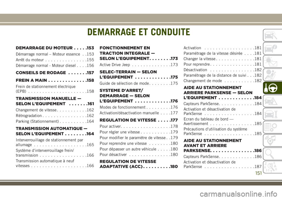 JEEP COMPASS 2018 Notice dentretien (in French) DEMARRAGE ET CONDUITE
DEMARRAGE DU MOTEUR.....153
Démarrage normal – Moteur essence . .153
Arrêt du moteur...............155
Démarrage normal - Moteur diesel. . . .156
CONSEILS DE RODAGE.......15 JEEP COMPASS 2018 Notice dentretien (in French) DEMARRAGE ET CONDUITE
DEMARRAGE DU MOTEUR.....153
Démarrage normal – Moteur essence . .153
Arrêt du moteur...............155
Démarrage normal - Moteur diesel. . . .156
CONSEILS DE RODAGE.......15