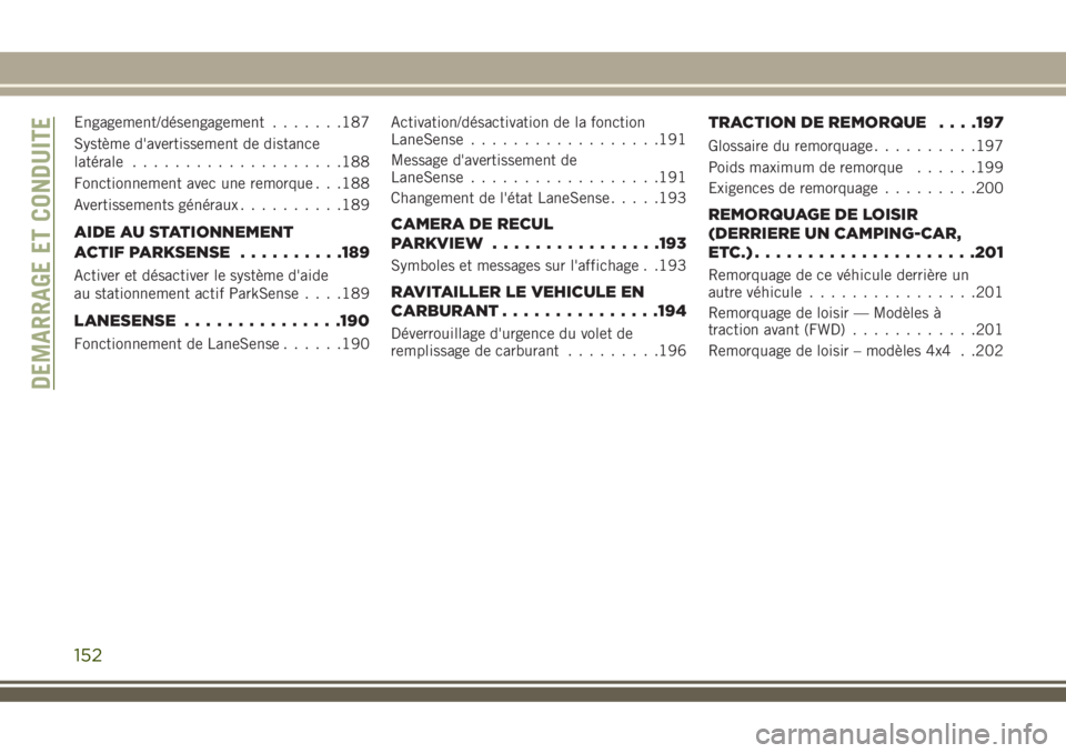 JEEP COMPASS 2018 Notice dentretien (in French) Engagement/désengagement.......187
Système d'avertissement de distance
latérale....................188
Fonctionnement avec une remorque . . .188
Avertissements généraux..........189
AIDE AU S JEEP COMPASS 2018 Notice dentretien (in French) Engagement/désengagement.......187
Système d'avertissement de distance
latérale....................188
Fonctionnement avec une remorque . . .188
Avertissements généraux..........189
AIDE AU S