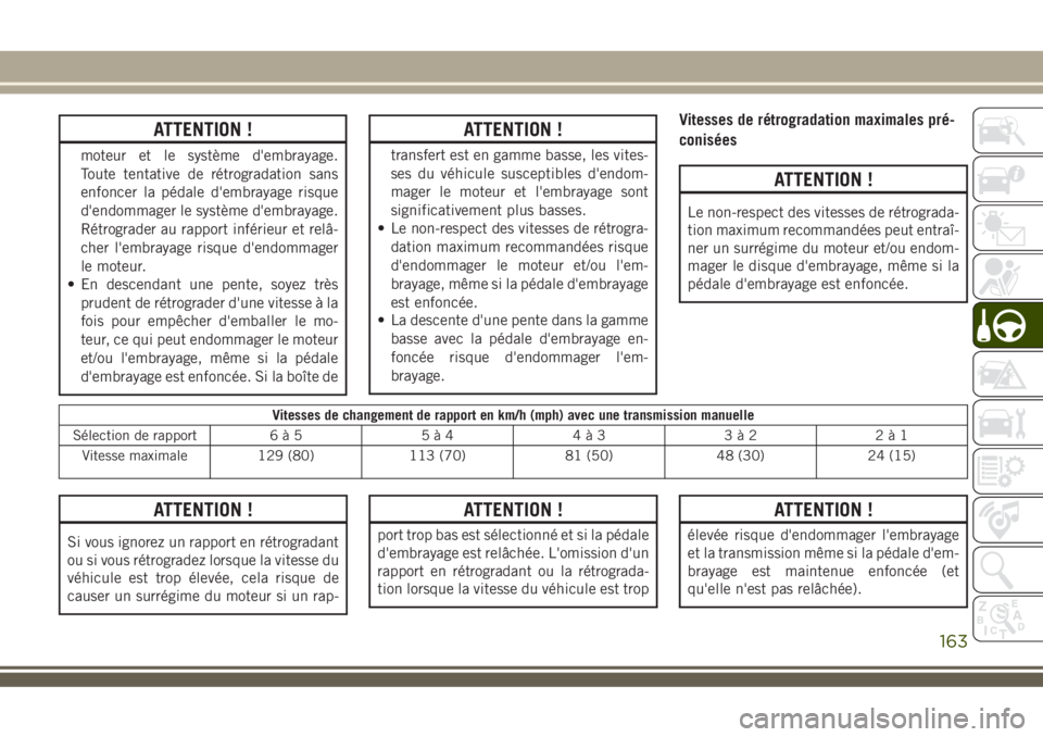 JEEP COMPASS 2018 Notice dentretien (in French) ATTENTION !
moteur et le système d'embrayage.
Toute tentative de rétrogradation sans
enfoncer la pédale d'embrayage risque
d'endommager le système d'embrayage.
Rétrograder au rapp JEEP COMPASS 2018 Notice dentretien (in French) ATTENTION !
moteur et le système d'embrayage.
Toute tentative de rétrogradation sans
enfoncer la pédale d'embrayage risque
d'endommager le système d'embrayage.
Rétrograder au rapp