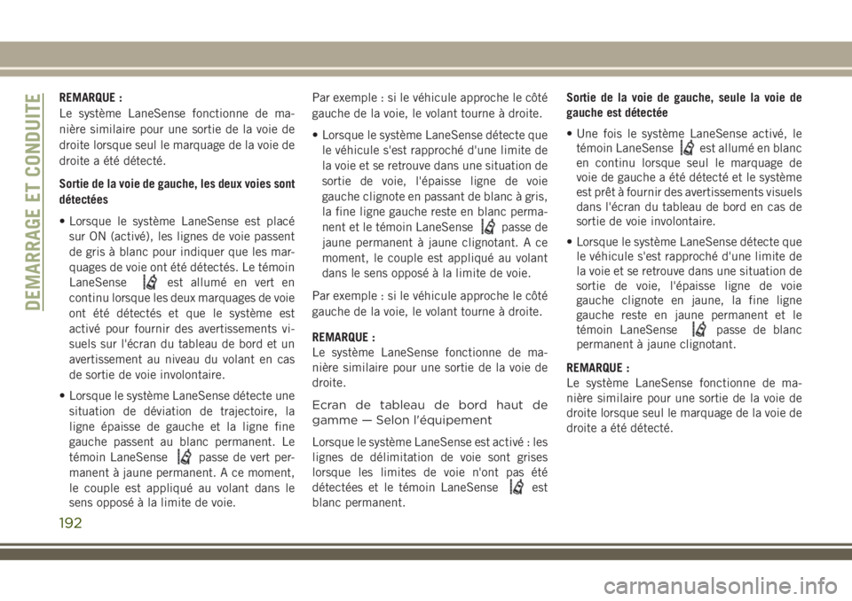 JEEP COMPASS 2018 Notice dentretien (in French) REMARQUE :
Le système LaneSense fonctionne de ma-
nière similaire pour une sortie de la voie de
droite lorsque seul le marquage de la voie de
droite a été détecté.
Sortie de la voie de gauche, l JEEP COMPASS 2018 Notice dentretien (in French) REMARQUE :
Le système LaneSense fonctionne de ma-
nière similaire pour une sortie de la voie de
droite lorsque seul le marquage de la voie de
droite a été détecté.
Sortie de la voie de gauche, l