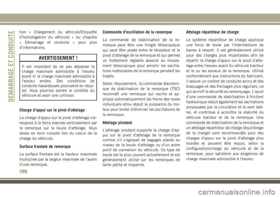 JEEP COMPASS 2018 Notice dentretien (in French) tion « Chargement du véhicule/Etiquette
d'homologation du véhicule » du chapitre
« Démarrage et conduite » pour plus
d'informations.
AVERTISSEMENT !
Il est important de ne pas dépasser JEEP COMPASS 2018 Notice dentretien (in French) tion « Chargement du véhicule/Etiquette
d'homologation du véhicule » du chapitre
« Démarrage et conduite » pour plus
d'informations.
AVERTISSEMENT !
Il est important de ne pas dépasser