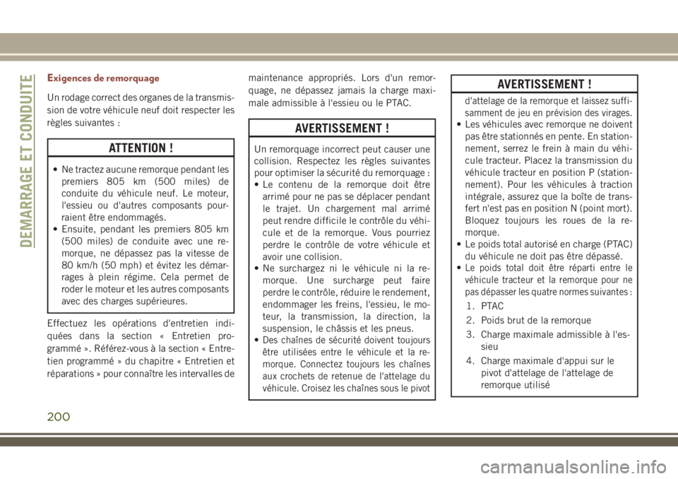 JEEP COMPASS 2018 Notice dentretien (in French) Exigences de remorquage
Un rodage correct des organes de la transmis-
sion de votre véhicule neuf doit respecter les
règles suivantes :
ATTENTION !
• Ne tractez aucune remorque pendant les
premier JEEP COMPASS 2018 Notice dentretien (in French) Exigences de remorquage
Un rodage correct des organes de la transmis-
sion de votre véhicule neuf doit respecter les
règles suivantes :
ATTENTION !
• Ne tractez aucune remorque pendant les
premier