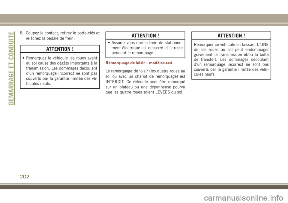 JEEP COMPASS 2018 Notice dentretien (in French) 8. Coupez le contact, retirez le porte-clés et
relâchez la pédale de frein.
ATTENTION !
• Remorquez le véhicule les roues avant
au sol cause des dégâts importants à la
transmission. Les domma JEEP COMPASS 2018 Notice dentretien (in French) 8. Coupez le contact, retirez le porte-clés et
relâchez la pédale de frein.
ATTENTION !
• Remorquez le véhicule les roues avant
au sol cause des dégâts importants à la
transmission. Les domma