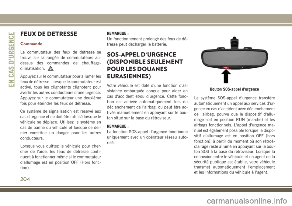 JEEP COMPASS 2018 Notice dentretien (in French) FEUX DE DETRESSE
Commande
Le commutateur des feux de détresse se
trouve sur la rangée de commutateurs au-
dessus des commandes de chauffage-
climatisation.
Appuyez sur le commutateur pour allumer le JEEP COMPASS 2018 Notice dentretien (in French) FEUX DE DETRESSE
Commande
Le commutateur des feux de détresse se
trouve sur la rangée de commutateurs au-
dessus des commandes de chauffage-
climatisation.
Appuyez sur le commutateur pour allumer le