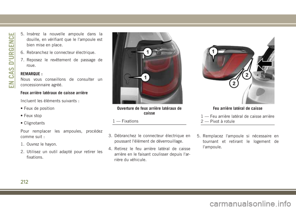 JEEP COMPASS 2018 Notice dentretien (in French) 5. Insérez la nouvelle ampoule dans la
douille, en vérifiant que le l'ampoule est
bien mise en place.
6. Rebranchez le connecteur électrique.
7. Reposez le revêtement de passage de
roue.
REMAR JEEP COMPASS 2018 Notice dentretien (in French) 5. Insérez la nouvelle ampoule dans la
douille, en vérifiant que le l'ampoule est
bien mise en place.
6. Rebranchez le connecteur électrique.
7. Reposez le revêtement de passage de
roue.
REMAR