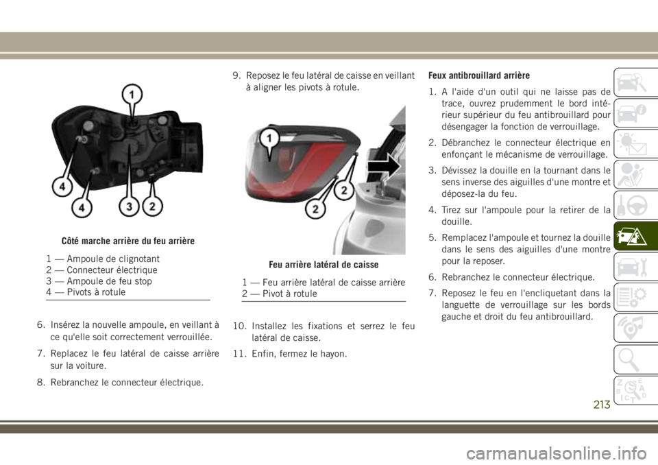 JEEP COMPASS 2018 Notice dentretien (in French) 6. Insérez la nouvelle ampoule, en veillant à
ce qu'elle soit correctement verrouillée.
7. Replacez le feu latéral de caisse arrière
sur la voiture.
8. Rebranchez le connecteur électrique.9. JEEP COMPASS 2018 Notice dentretien (in French) 6. Insérez la nouvelle ampoule, en veillant à
ce qu'elle soit correctement verrouillée.
7. Replacez le feu latéral de caisse arrière
sur la voiture.
8. Rebranchez le connecteur électrique.9.