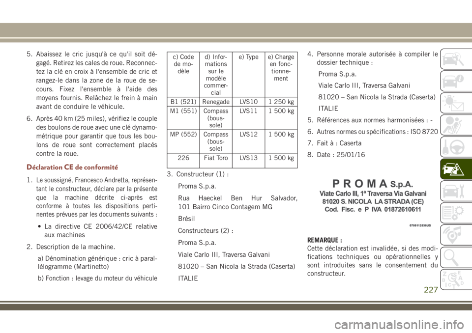 JEEP COMPASS 2018 Notice dentretien (in French) 5. Abaissez le cric jusqu'à ce qu'il soit dé-
gagé. Retirez les cales de roue. Reconnec-
tez la clé en croix à l'ensemble de cric et
rangez-le dans la zone de la roue de se-
cours. Fi JEEP COMPASS 2018 Notice dentretien (in French) 5. Abaissez le cric jusqu'à ce qu'il soit dé-
gagé. Retirez les cales de roue. Reconnec-
tez la clé en croix à l'ensemble de cric et
rangez-le dans la zone de la roue de se-
cours. Fi