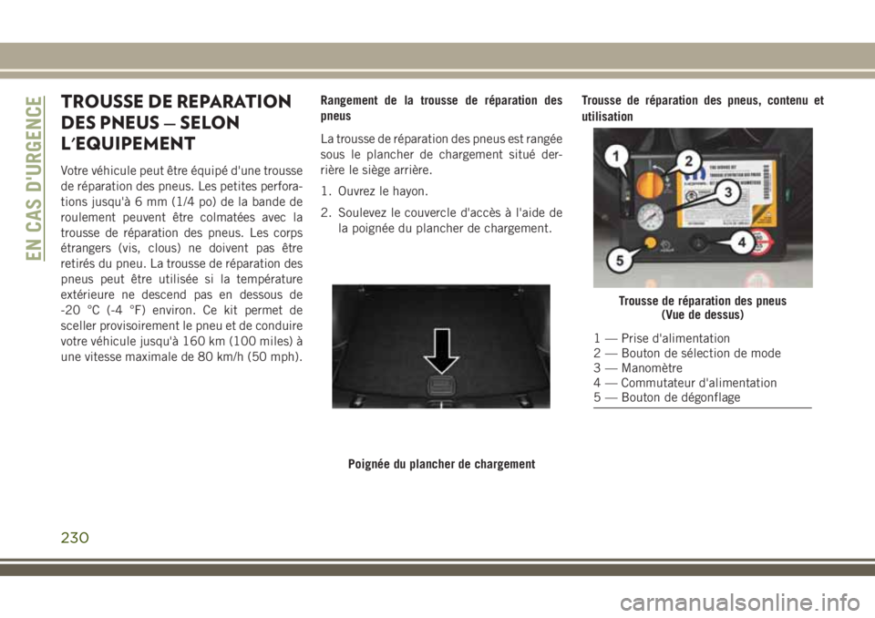 JEEP COMPASS 2018 Notice dentretien (in French) TROUSSE DE REPARATION
DES PNEUS — SELON
L'EQUIPEMENT
Votre véhicule peut être équipé d'une trousse
de réparation des pneus. Les petites perfora-
tions jusqu'à 6 mm (1/4 po) de la b JEEP COMPASS 2018 Notice dentretien (in French) TROUSSE DE REPARATION
DES PNEUS — SELON
L'EQUIPEMENT
Votre véhicule peut être équipé d'une trousse
de réparation des pneus. Les petites perfora-
tions jusqu'à 6 mm (1/4 po) de la b