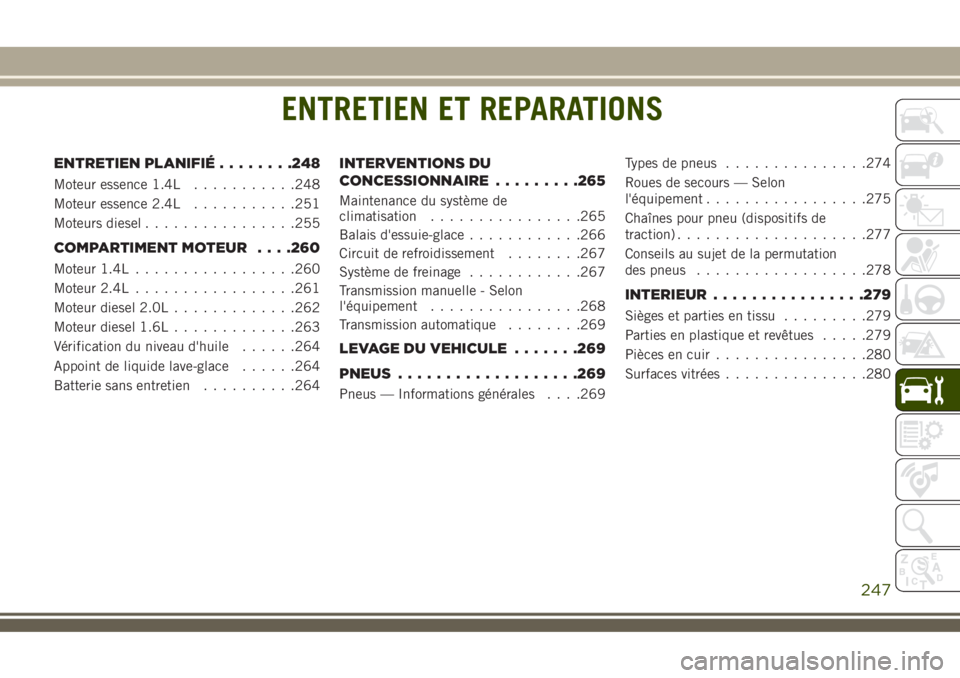 JEEP COMPASS 2018 Notice dentretien (in French) ENTRETIEN ET REPARATIONS
ENTRETIEN PLANIFIÉ........248
Moteur essence 1.4L...........248
Moteur essence 2.4L...........251
Moteurs diesel................255
COMPARTIMENT MOTEUR. . . .260
Moteur 1.4L. JEEP COMPASS 2018 Notice dentretien (in French) ENTRETIEN ET REPARATIONS
ENTRETIEN PLANIFIÉ........248
Moteur essence 1.4L...........248
Moteur essence 2.4L...........251
Moteurs diesel................255
COMPARTIMENT MOTEUR. . . .260
Moteur 1.4L.